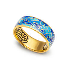 Серебряное кольцо "Спаси и сохрани-Рыбки Христовы" с эмалью светло-голубого и синего цвета KLSPE0705