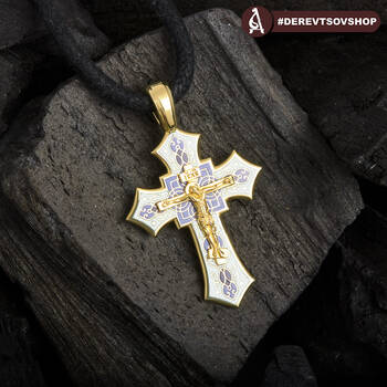 Золотой крестик с эмалью - Распятие Господа нашего Иисуса Христа KRZE0703