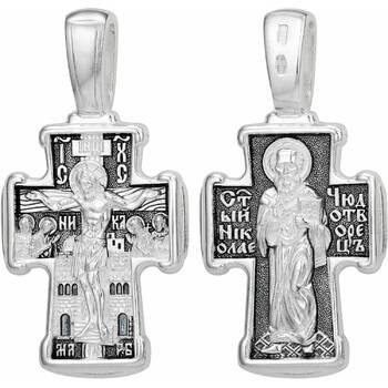Крест православный серебряный: Распятие Иисуса Христа, Николай Чудотворец (арт. 21111-128)