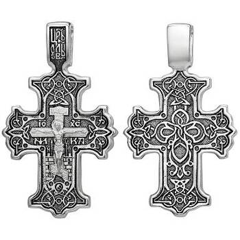 Православный крест крупный из серебра - Распятие Иисуса Христа с орнаментом (арт. 21111-201)