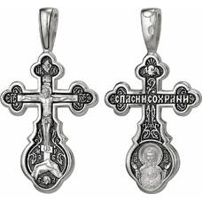 Крест православный мужской из серебра - Распятие, икона Божией Матери "Знамение" (арт. 21111-56)