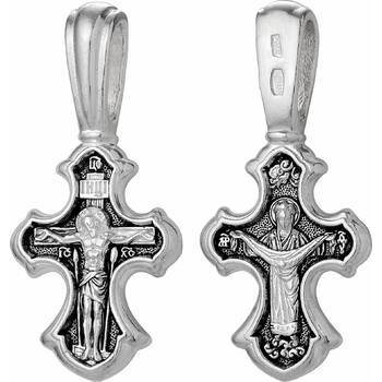 Маленький крест серебряный для крещения - Распятие Иисуса Христа, икона Покрова Пресвятой Богородицы (арт. 21111-6)