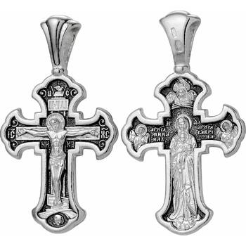 Серебряный крест - Распятие, Валаамская икона Божией Матери, Архагел Михаил и Гавриил (арт. 21111-89)