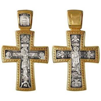 Мужской нательный крест из серебра с позолотой - Распятие Иисуса Христа, Георгий Победоносец (арт. 21112-155)