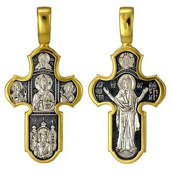 Серебряный крест - Господь Вседержитель, икона Божией Матери "Нерушимая Стена" (арт. 21112-160)