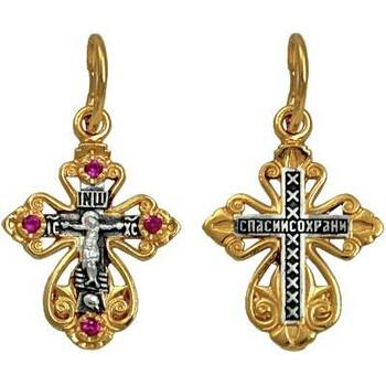 Серебряный крест с фианитами женский - Распятие Иисуса Христа с молитвой Спаси и сохрани (арт. 21112-241)