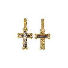 Маленький крестик серебряный с позолотой - Распятие Иисуса Христа с молитвой Спаси и сохрани (арт. 21112-79)