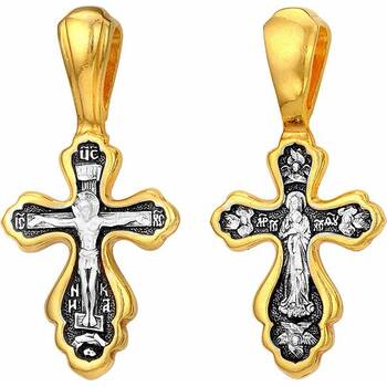 Маленький крест серебряный с позолотой «Распятие, Валаамская икона Божией Матери» (арт. 21112-86)