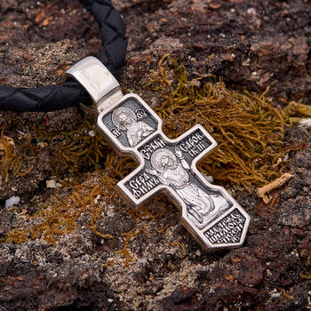Нательный серебряный православный крест — Распятие, икона Божией Матери «Умиление», Серафим Саровский (арт. 21111-39)