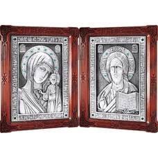 Икона венчальная пара (складень) - Спаситель, Казанская икона Божией Матери в серебре (арт. 12240136)