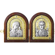 Икона венчальная пара (складень) - Спаситель, Казанская икона Божией Матери в серебре с позолотой (арт. 12240146)