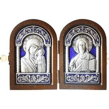 Икона венчальная пара (складень) - Спаситель, Казанская икона Божией Матери в серебре с эмалью (арт. 12240149)