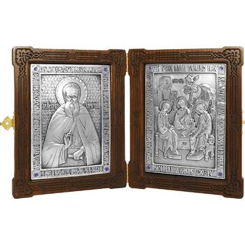 Икона (складень) Сергий Радонежский и Святая Троица в серебре и деревянной рамке (арт. 12240152)