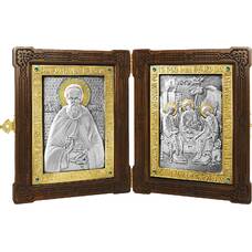 Икона (складень) Сергий Радонежский и Святая Троица в серебре с позолотой (арт. 12240154)