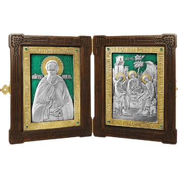 Икона (складень) Сергий Радонежский и Святая Троица в серебре с эмалью и позолотой (арт. 12240155)