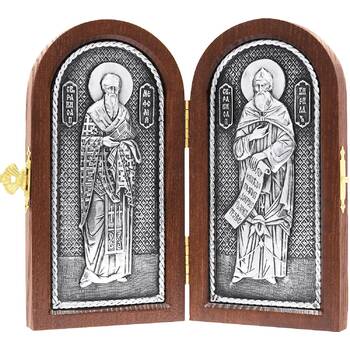 Икона (Складень) равноапостольные Кирилл и Мефодий в серебре и деревянной рамкой (арт. 12240156)