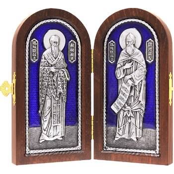 Икона (Складень) Кирилл и Мефодий равноапостольные в серебре с эмалью и деревянной рамкой (арт. 12240157)