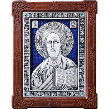 Икона Господь Вседержитель в серебре с эмалью и деревянной рамке (арт. 12240161)