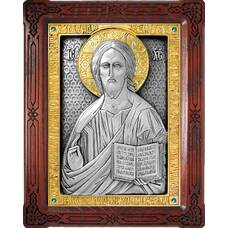 Икона Господь Вседержитель в серебре с позолотой и деревянной рамке (арт. 12240165)