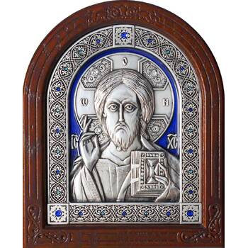 Икона Господь Вседержитель в серебре с эмалью и деревянной рамке (арт. 12240176)