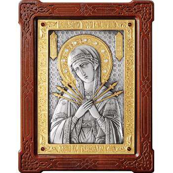 Семистрельная икона Божией Матери в серебре с позолотой и деревянной рамке (арт. 12240194)