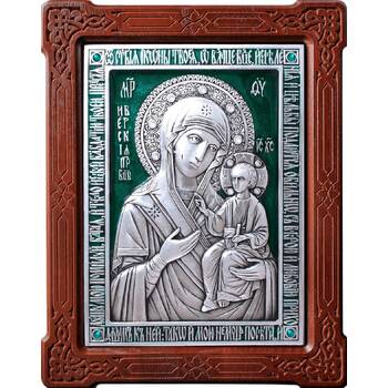 Иверская икона Божией Матери в серебре с эмалью и деревянной рамке (арт. 12240203)