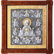 Курская коренная икона Божией Матери (Знамение) в серебре с позолотой и деревянной рамке (арт. 12240229)
