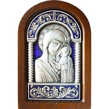 Казанская икона Божией Матери в серебре с эмалью и деревянной рамке (арт. 12240246)