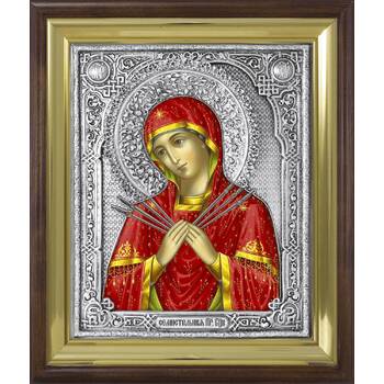 Семистрельная икона Божией матери (Умягчение злых сердец) в ризе и деревянном киоте (арт. 1224025)
