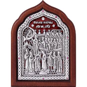 Икона Покрова Богородицы в серебре с эмалью и деревянной рамке (арт. 12240252)