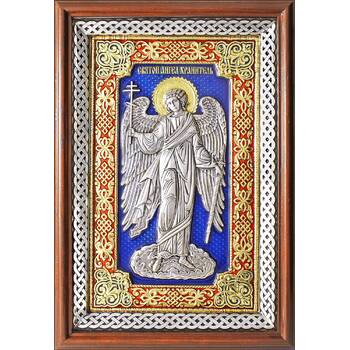 Икона Ангела Хранителя в серебре с эмалью и в деревянной рамке с басмой (арт. 12240277)