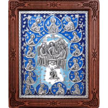 Икона Святая Троица и 12 апостолов в серебре с эмалью и деревянной рамке (арт. 12240287)