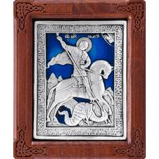 Икона Георгий Победоносец в серебре с эмалью и деревянной рамки (арт. 12240329)