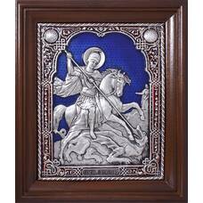 Икона Георгий Победоносец в серебре с эмалью и деревянной рамки (арт. 12240331)