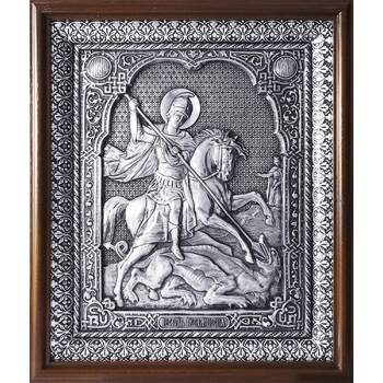 Икона Георгий Победоносец в серебре и деревянной рамкой с басмой (арт. 12240332)