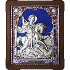 Икона Георгий Победоносец в серебре с эмалью и деревянной рамки с басмой (арт. 12240335)