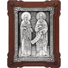 Икона Кирилл и Мефодий равноапостольные в серебре и деревянной киоте (арт. 12240346)