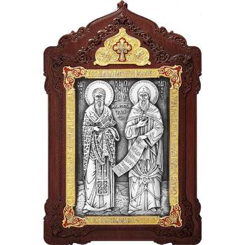 Икона Кирилл и Мефодий равноапостольные в серебре с эмалью и деревянном киоте (арт. 12240347)