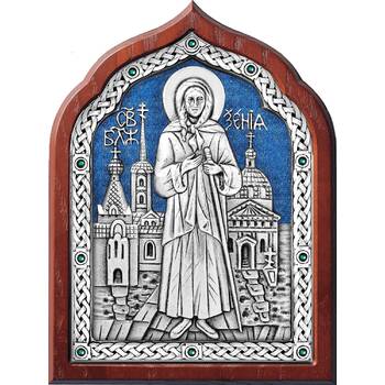 Икона Ксения Петербуржская в серебре с эмалью и деревянной рамки (арт. 12240349)