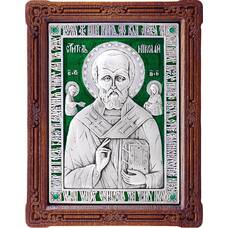 Икона Николай чудотворец Мирликийский в серебре с эмалью и деревянной рамке (арт. 12240371)