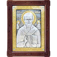 Икона Николай чудотворец Мирликийский в серебре с позолотой и деревянной рамке (арт. 12240372)