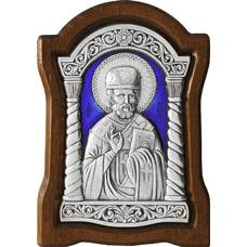 Икона Николай чудотворец Мирликийский в серебре с эмалью и деревянной рамке (арт. 12240375)