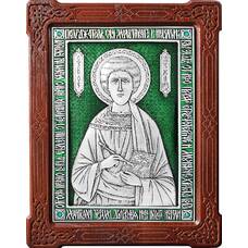Икона Пантелеимон целитель в серебре с эмалью и деревянной рамкой (арт. 12240379)