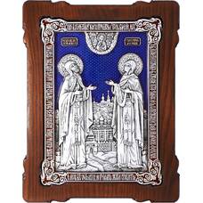 Икона Петр и Феврония в серебре с эмалью и деревянной рамке (арт. 12240383)
