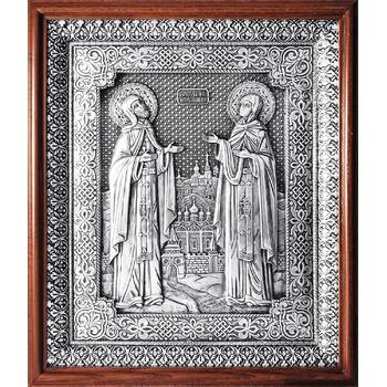 Икона Петр и Феврония в серебре и деревянной рамке с басмой (арт. 12240386)