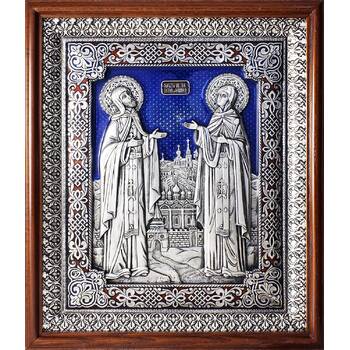Икона Петр и Феврония в серебре с эмалью и деревянной рамке с басмой (арт. 12240387)