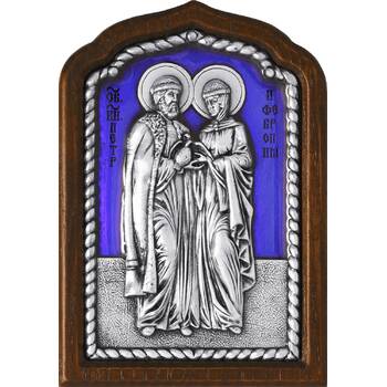 Икона Петр и Феврония в серебре с эмалью и деревянной рамке (арт. 12240393)