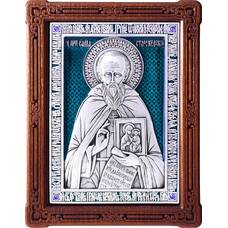 Икона Савва Сторожевский в серебре с эмалью и деревянной рамке (арт. 12240395)