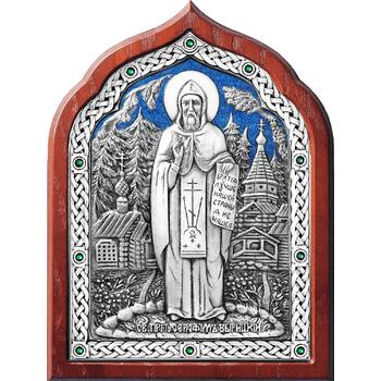 Икона Серафим Вырицкий в серебре с эмалью и деревянной рамке (арт. 12240397)