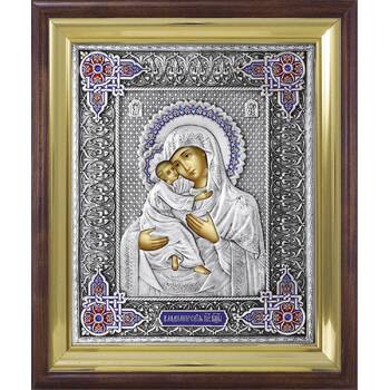 Владимирская икона Божией матери в ризе с эмалью и в деревянном киоте (арт. 122404)
